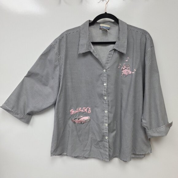 Las Olas Tops - Las Olas Shirt Womens 1X Black Check Button 50s Rock Car Dancers Embroidered Top